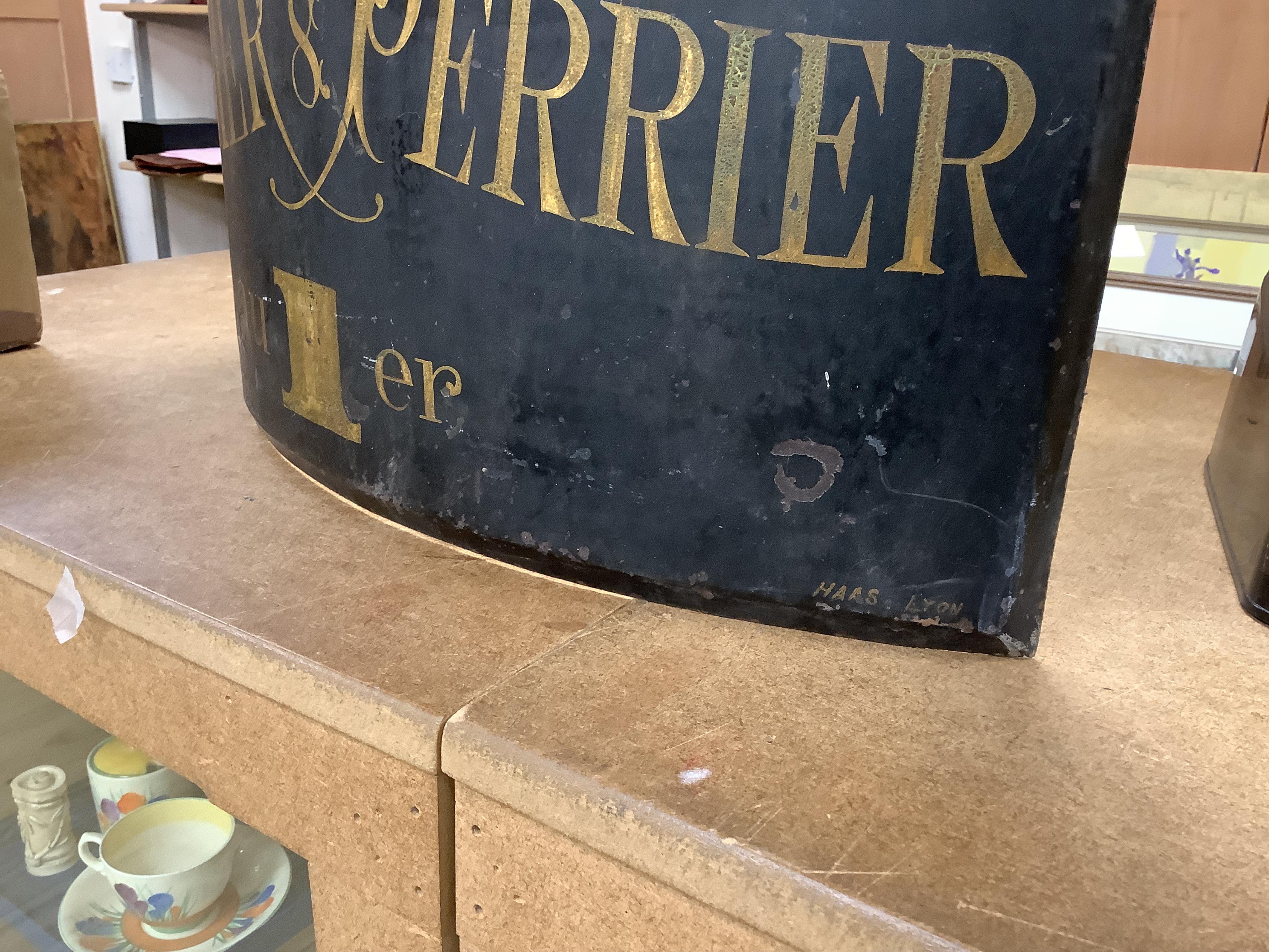 Two curved metal French identical shop signs, 90cm high x 55cm wide